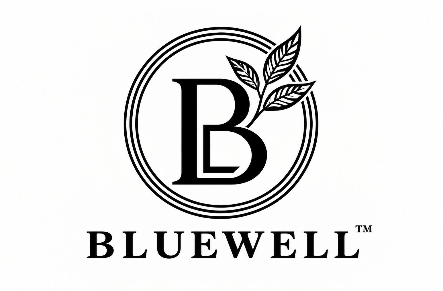 Bluewell leaf emblem, wordmark, and trademark